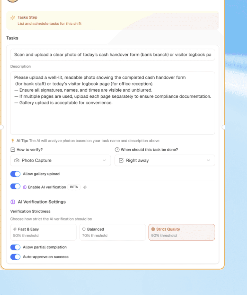 AI task validation settings — configure verification strictness and photo capture