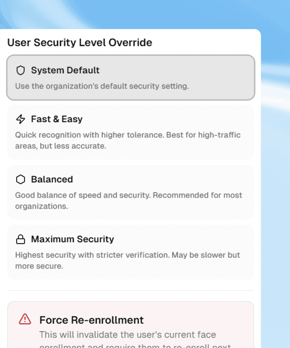 Security level configuration — Fast & Easy, Balanced, Maximum Security
