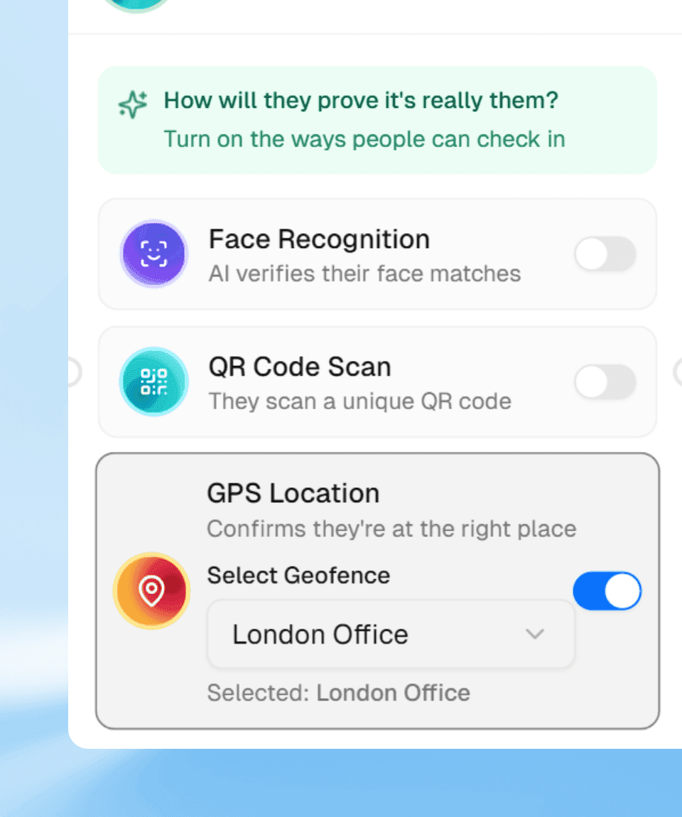GPS location verification settings — face recognition, QR code, geofence selection